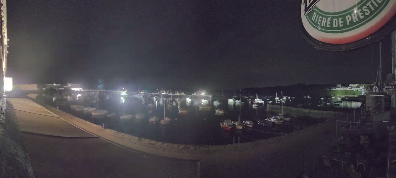 A nighttime view of a harbor filled with boats under a clear, dark sky.