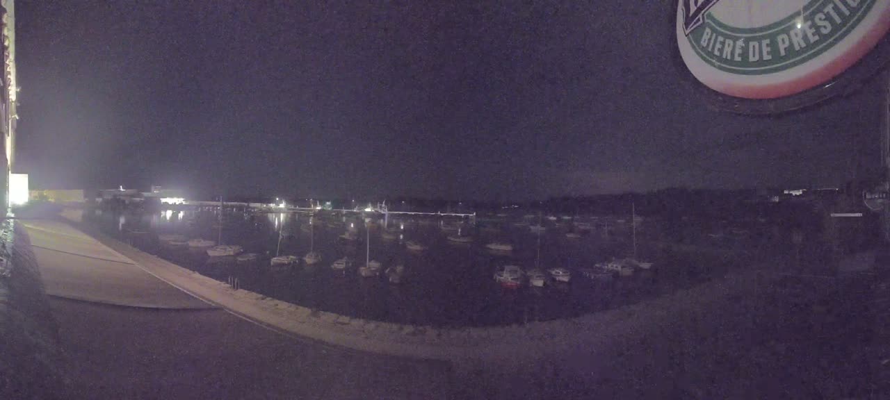 A nighttime view of a harbor filled with numerous boats under a dark sky.