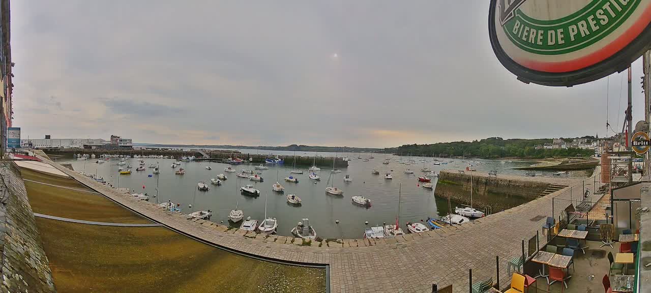 A harbor filled with numerous small boats is seen under an overcast sky.