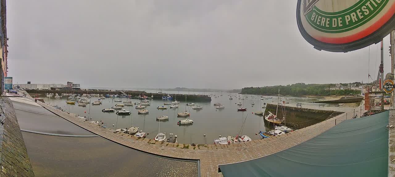 A harbor filled with numerous small boats on a cloudy day.