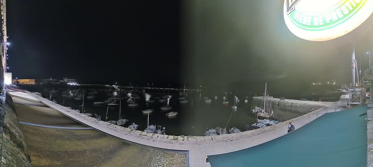 A nighttime view of a harbor filled with numerous boats, under a dark, cloudy sky.
