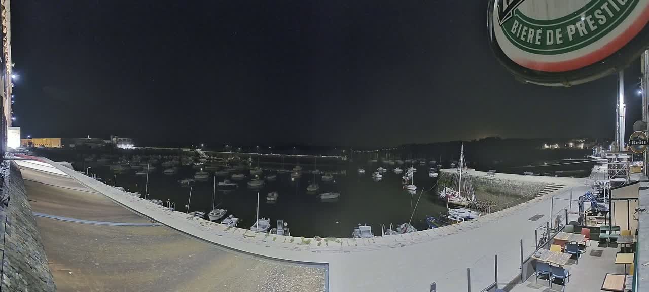 A nighttime view of a harbor filled with numerous boats, under a clear, dark sky.
