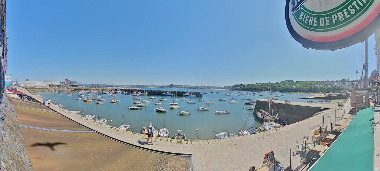A sunny harbor filled with numerous boats, viewed from a high vantage point near a waterfront restaurant.
