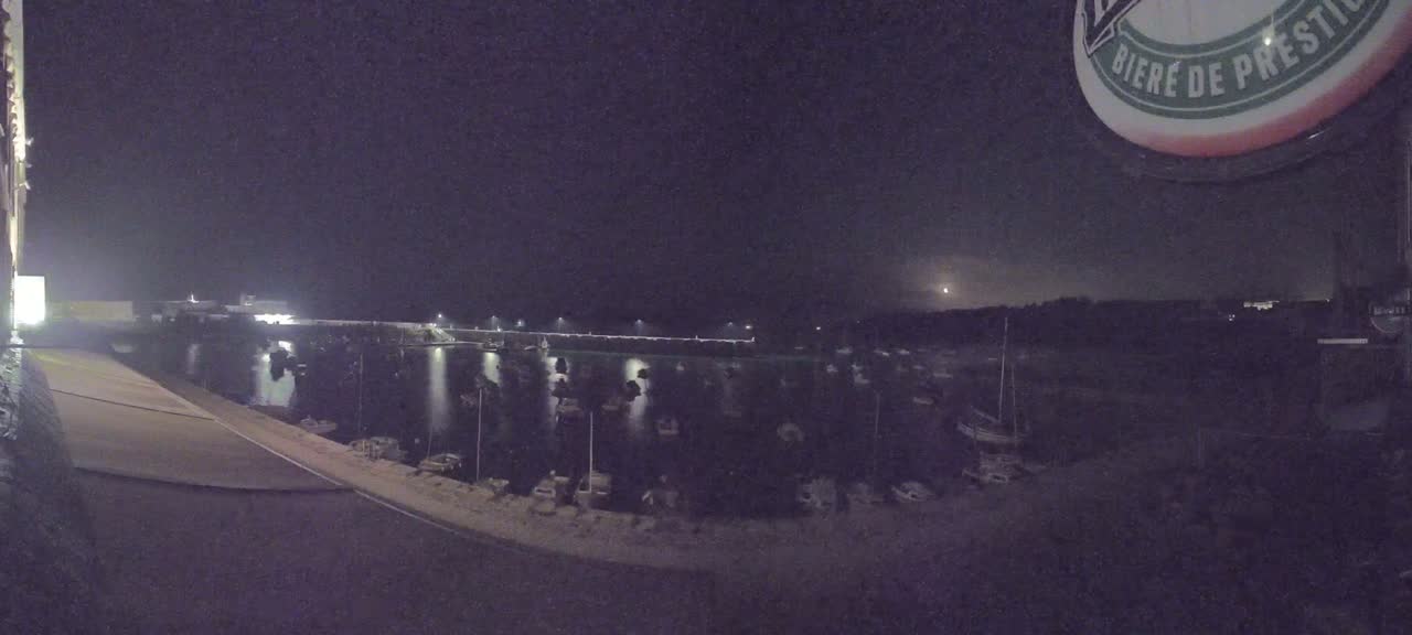 A nighttime view of a harbor filled with boats under a dark, mostly clear sky.