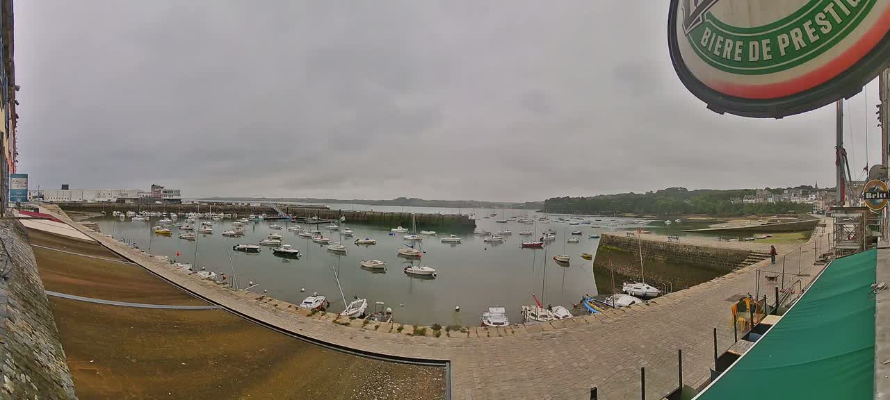 A harbor filled with numerous sailboats and motorboats under an overcast sky.
