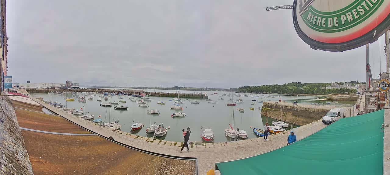 A harbor filled with numerous boats under an overcast sky, with people walking along a nearby quay.