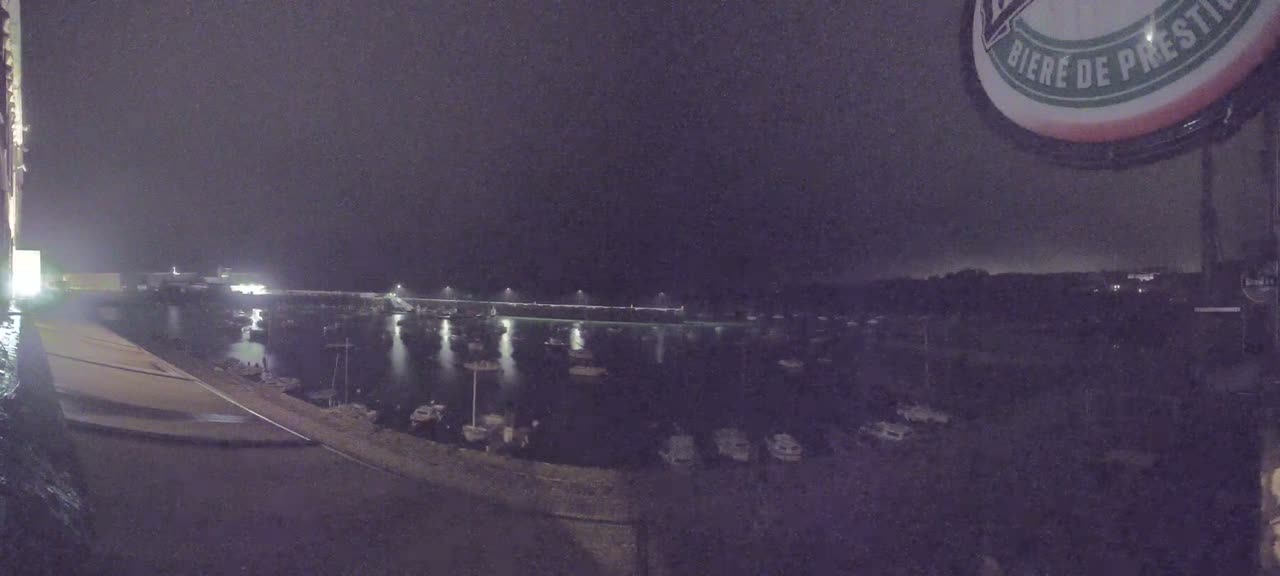 A nighttime view of a harbor filled with numerous boats under a dark, overcast sky.