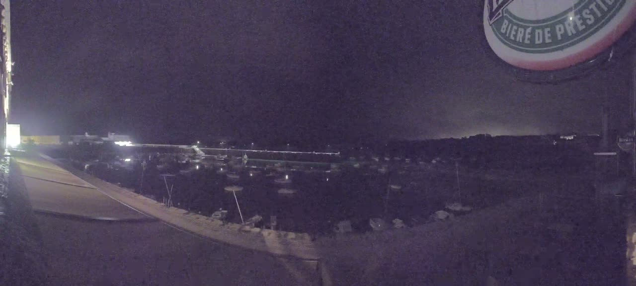 A nighttime view of a harbor filled with numerous boats under a dark sky.