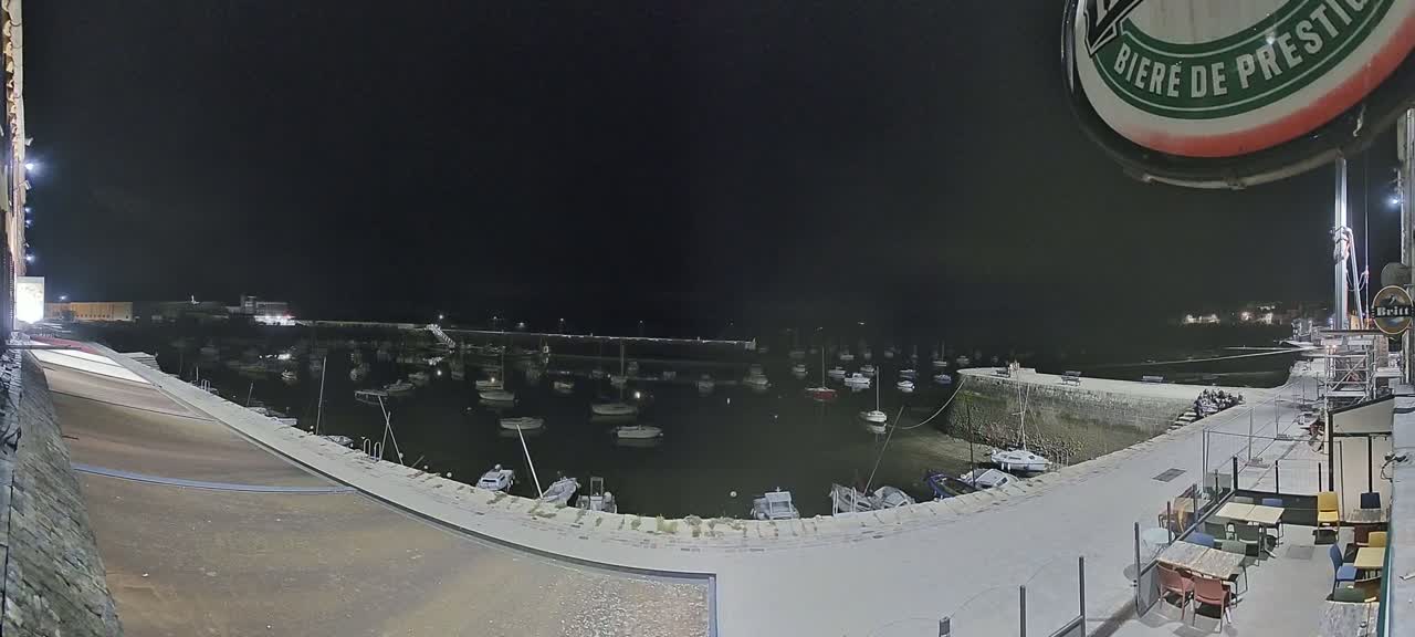 A nighttime view of a harbor filled with numerous boats docked along a stone wall, under a clear, dark sky.