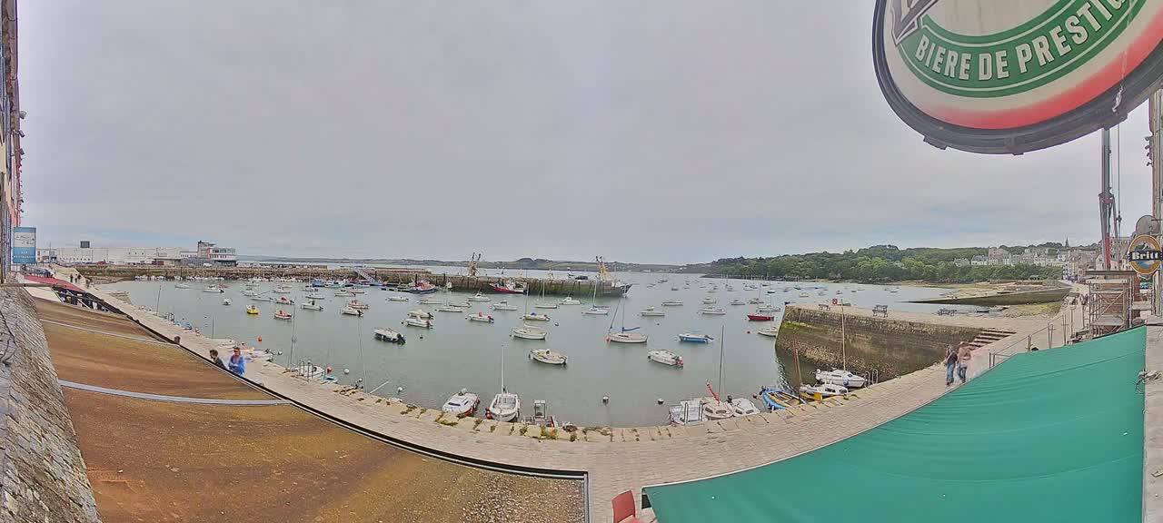 A harbor filled with numerous sailboats and motorboats under an overcast sky.
