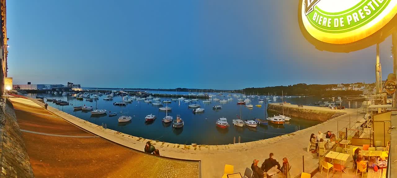 A harbor filled with numerous small boats is viewed from an outdoor patio at dusk under a clear sky.