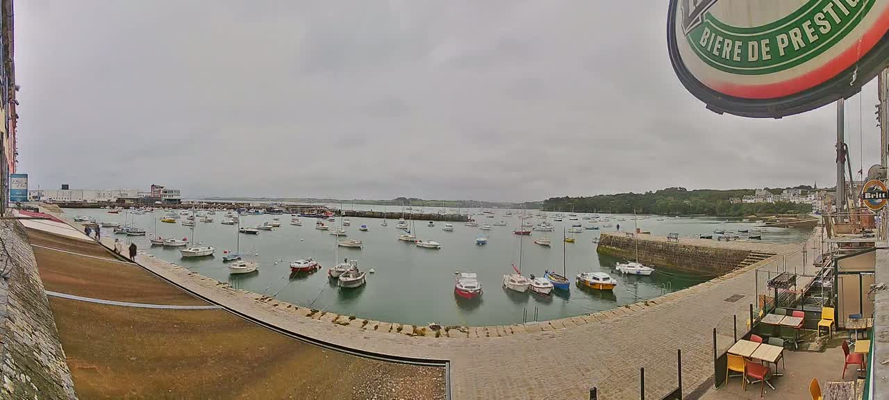 A harbor filled with numerous small boats under an overcast sky.