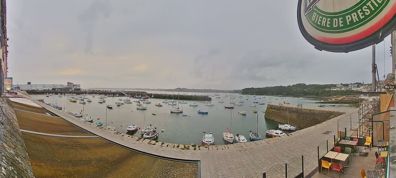 A harbor filled with numerous boats under an overcast sky.