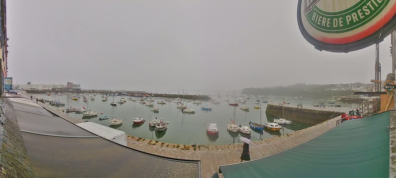 A foggy harbor filled with numerous boats is seen from an elevated viewpoint, with a person under an umbrella walking along a paved area near a building.