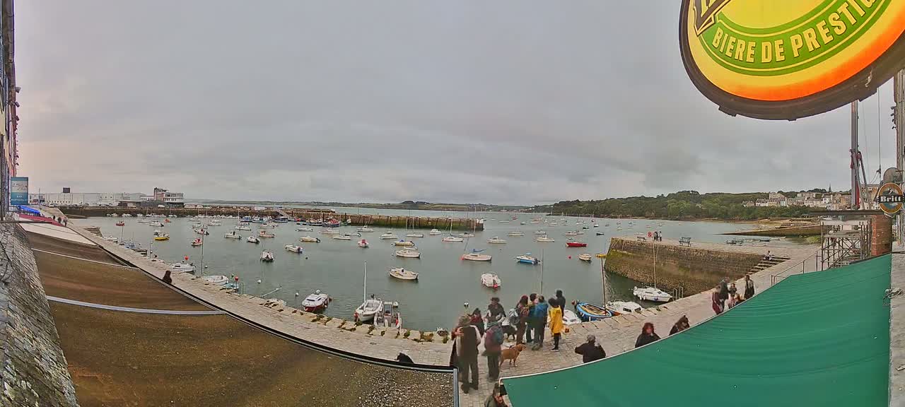 A harbor filled with numerous small boats is viewed from a high vantage point on an overcast day, with people gathered along a stone walkway.