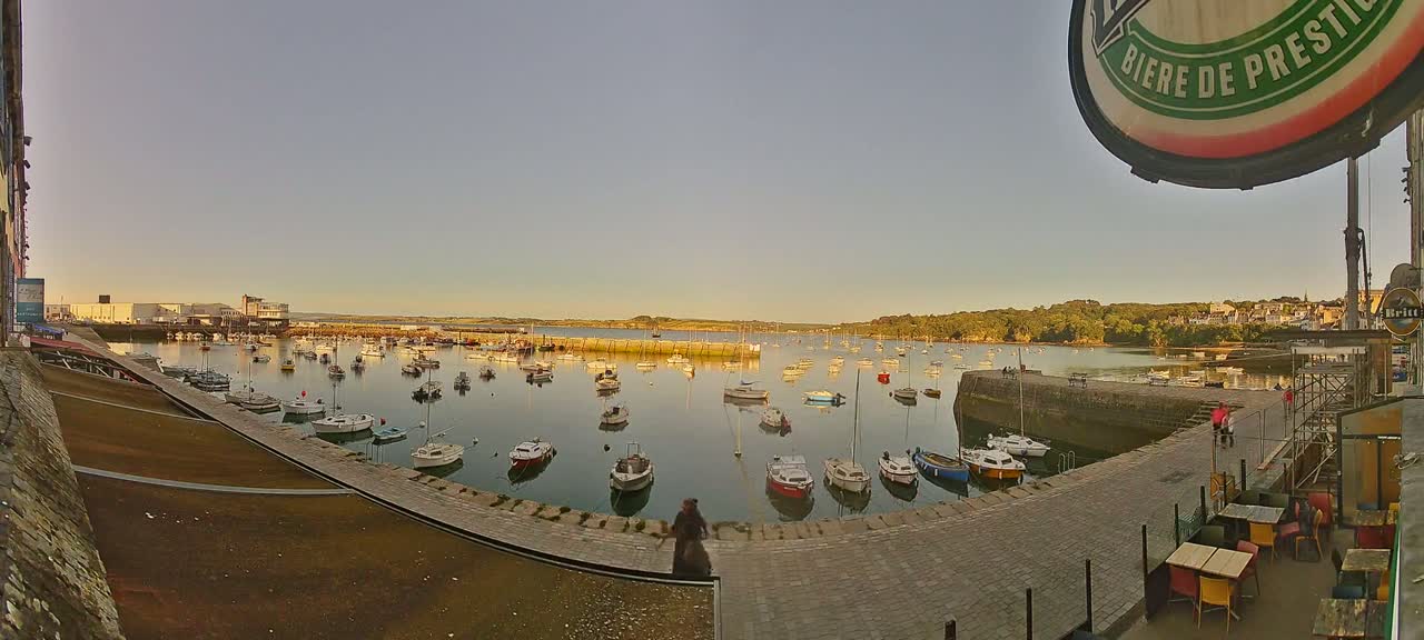 A harbor filled with numerous small boats under a clear, light-colored sky, with a paved walkway and outdoor seating area visible in the foreground.
