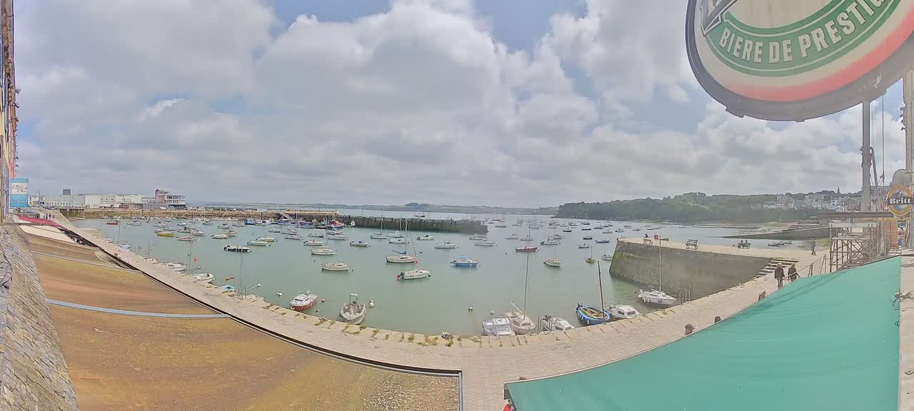A harbor filled with numerous small boats is seen on an overcast day, with a stone wall and buildings visible in the background.