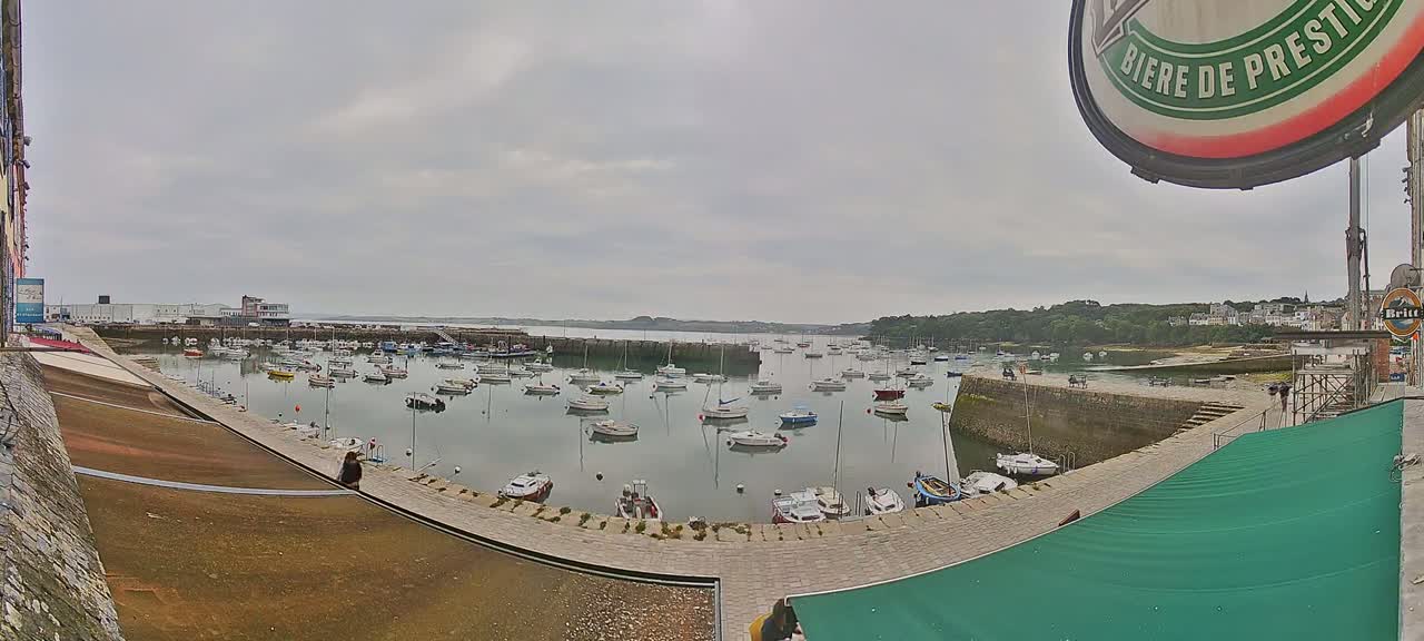 A harbor filled with numerous sailboats and motorboats under an overcast sky.