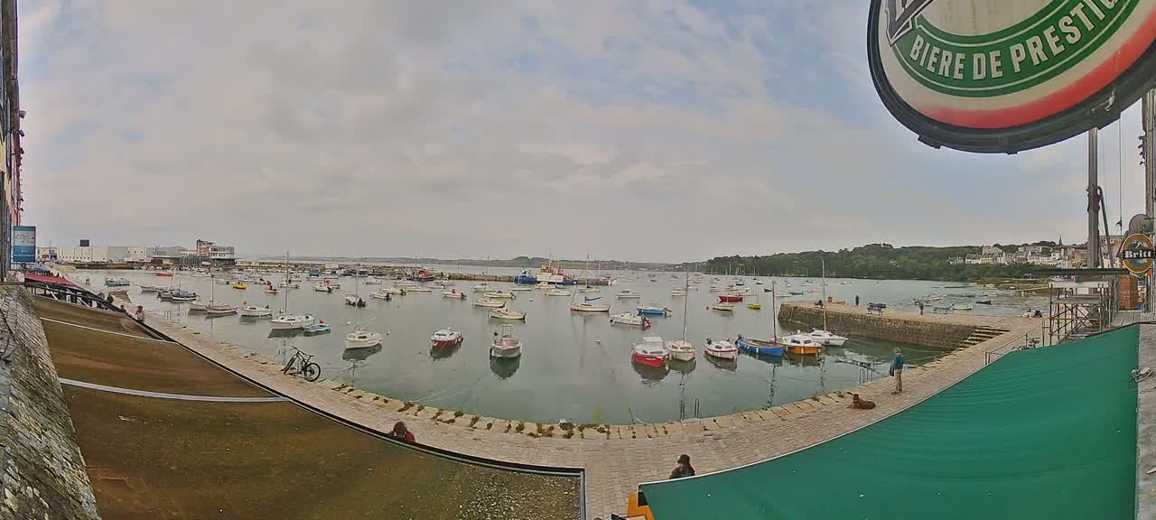 A harbor filled with numerous small boats under a cloudy sky.