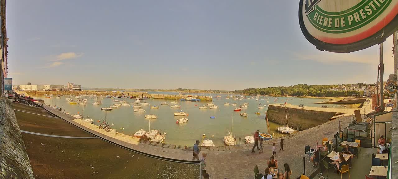 A sunny day overlooks a harbor filled with numerous boats, a stone walkway with people sitting at outdoor tables, and a small town nestled amongst green trees in the background.