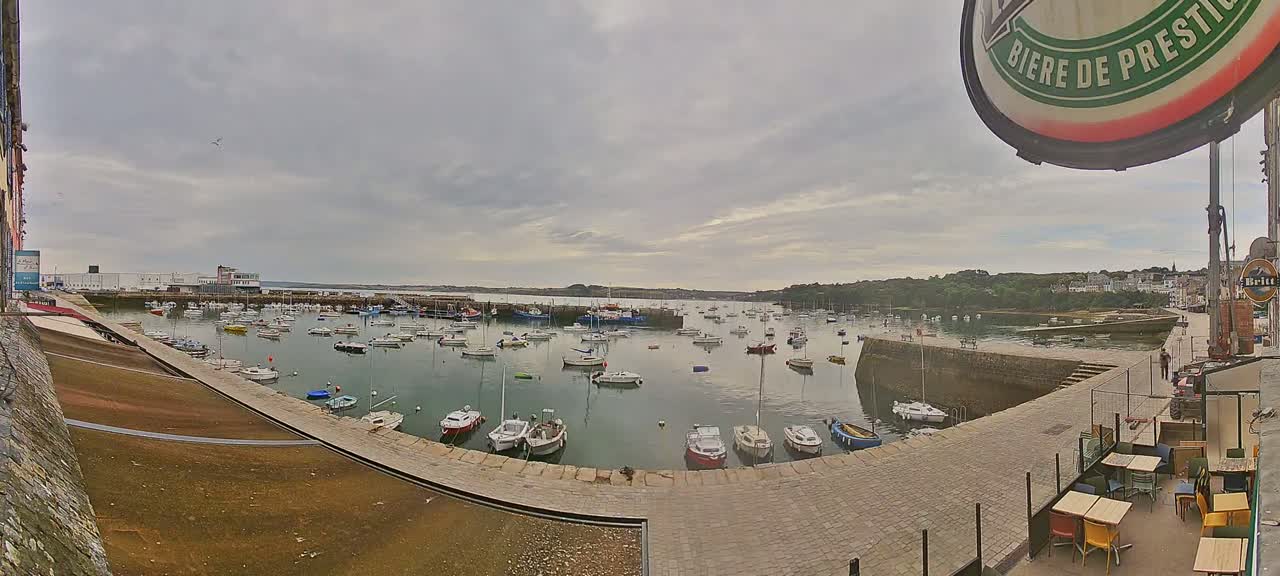 Numerous sailboats and motorboats are moored in a calm harbor under an overcast sky.