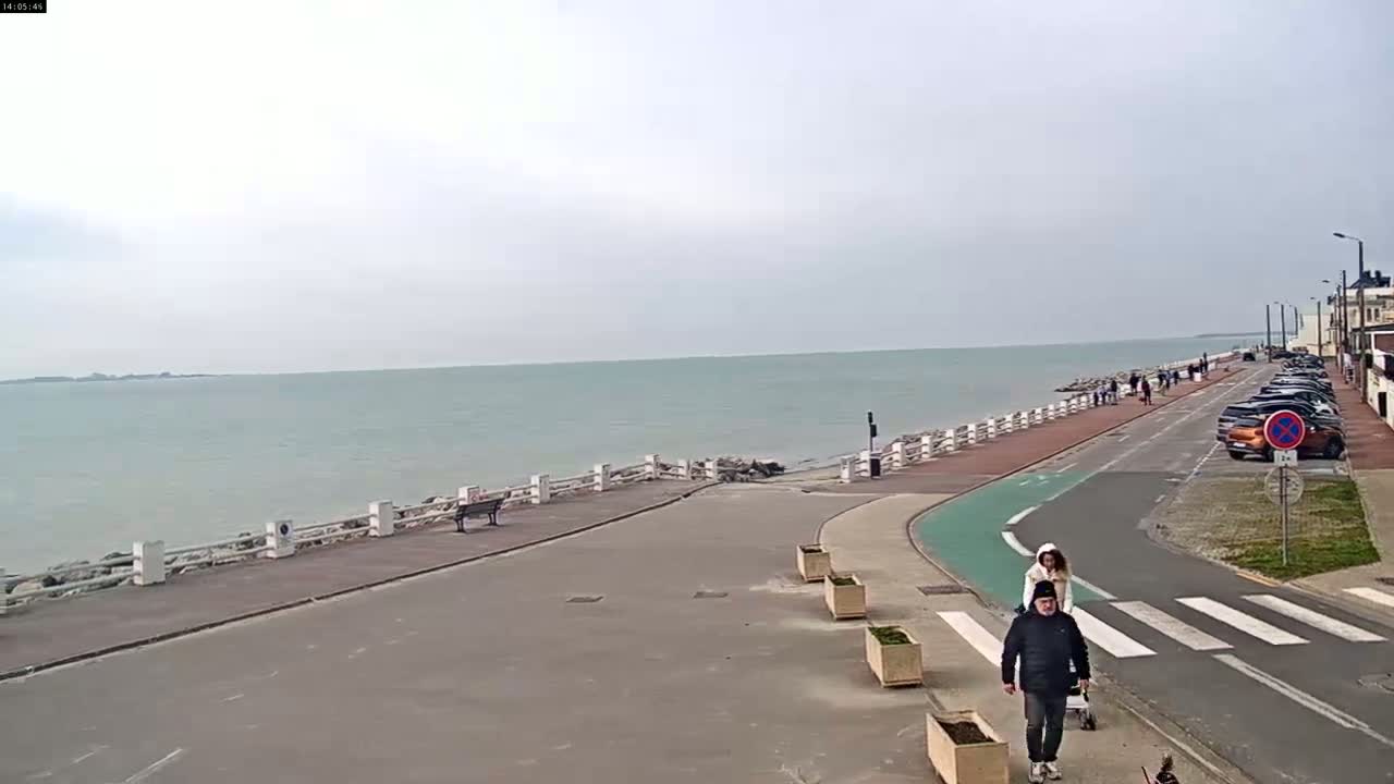 A paved walkway alongside a calm sea is lined with parked cars and a few pedestrians, under an overcast sky.
