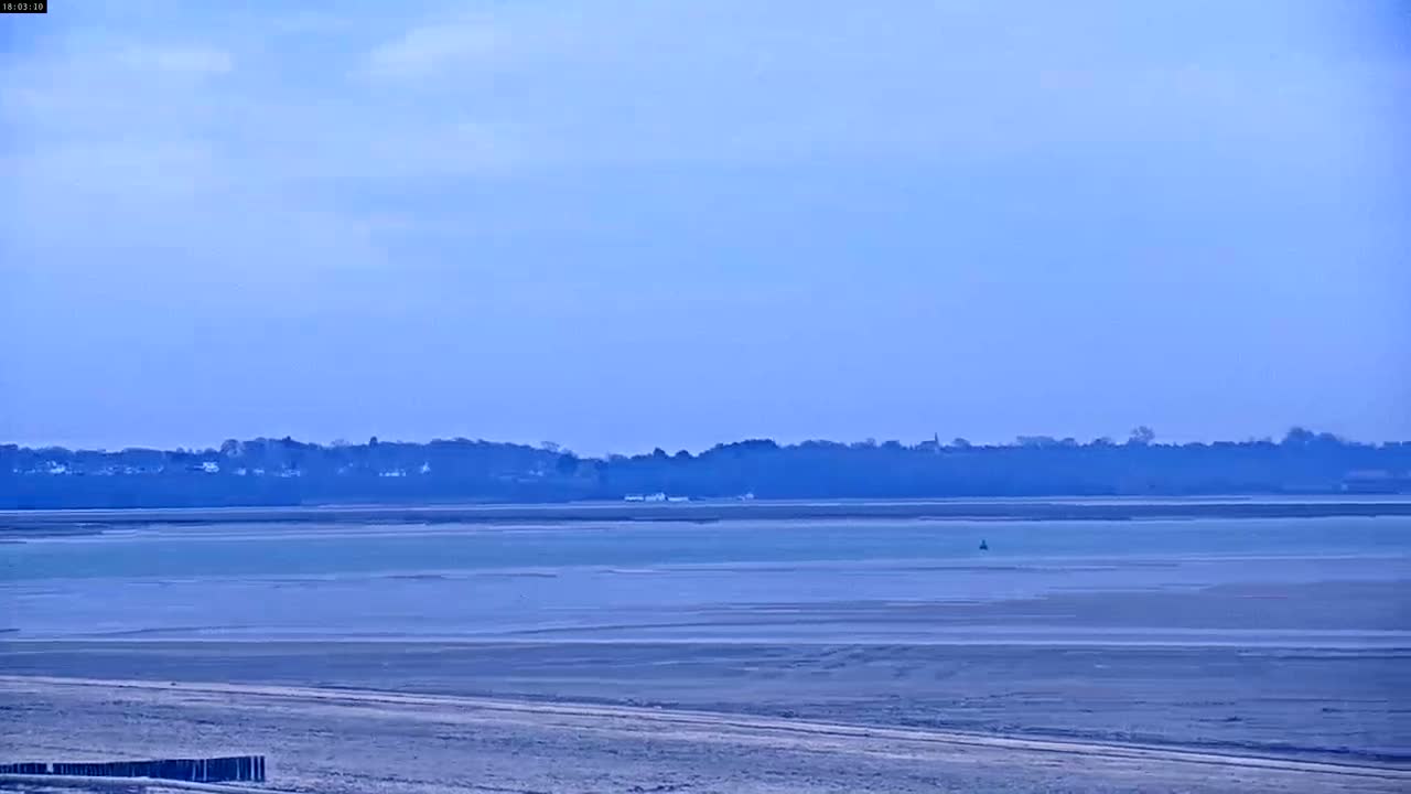 A flat, light-blue body of water stretches to a distant treeline under a pale blue, mostly clear sky.