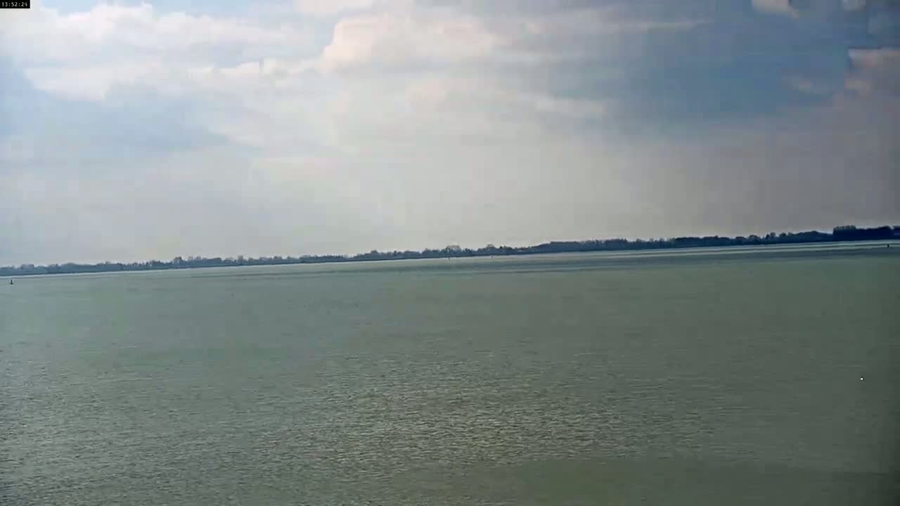 A calm body of water stretches to a distant treeline under a mostly cloudy sky.