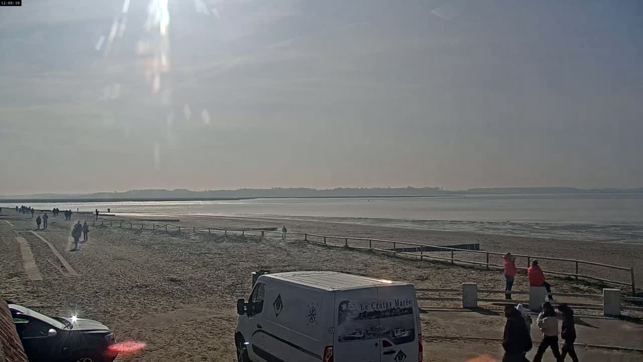 A sunny day at a beach shows people walking along the shore near a parked van, with a calm body of water extending to a distant shoreline.