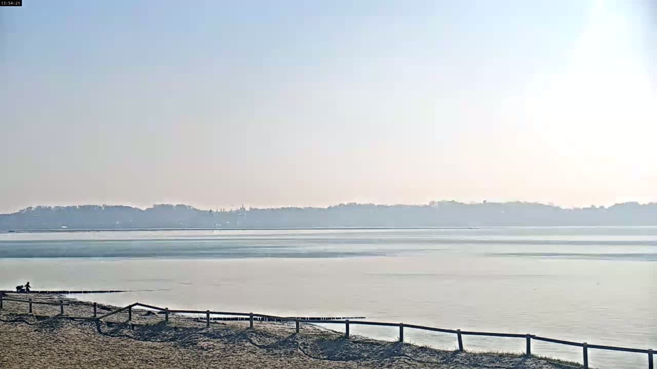 A calm, hazy body of water stretches to a distant tree line under a clear, bright sky, with a sandy beach and a low wooden fence in the foreground.
