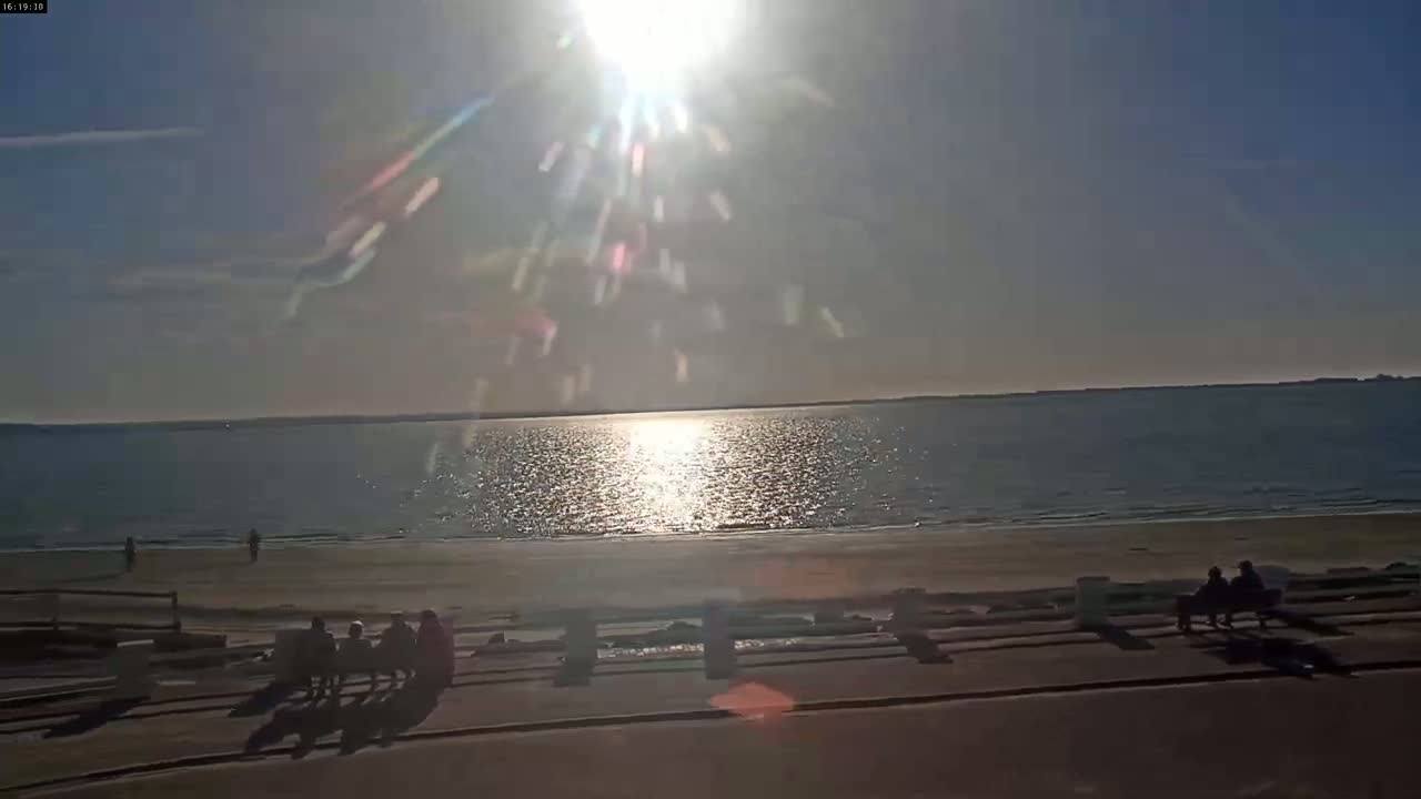 A sunny day at a beach shows a calm body of water, a sandy shore, and several people scattered along the beach and sitting on benches.