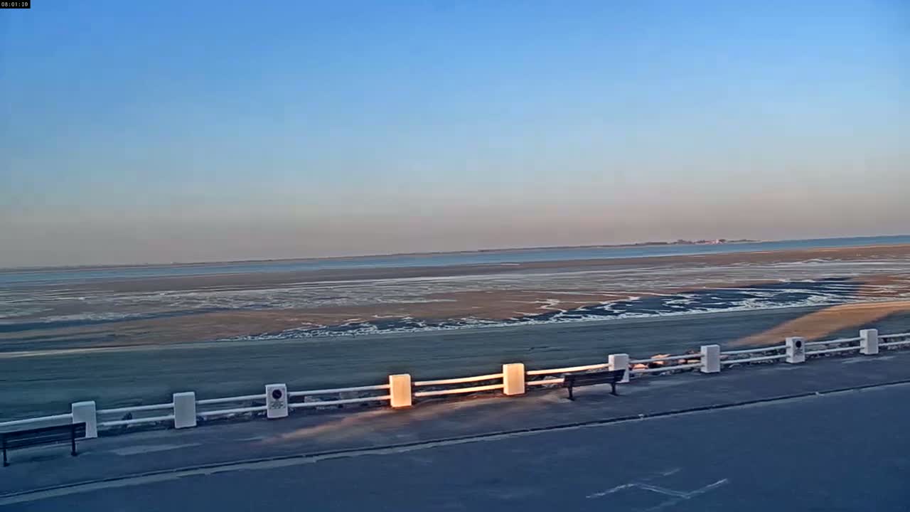 A wide, flat expanse of exposed tidal mudflats stretches to the horizon under a clear, light blue sky, with a low white fence and park benches in the foreground.