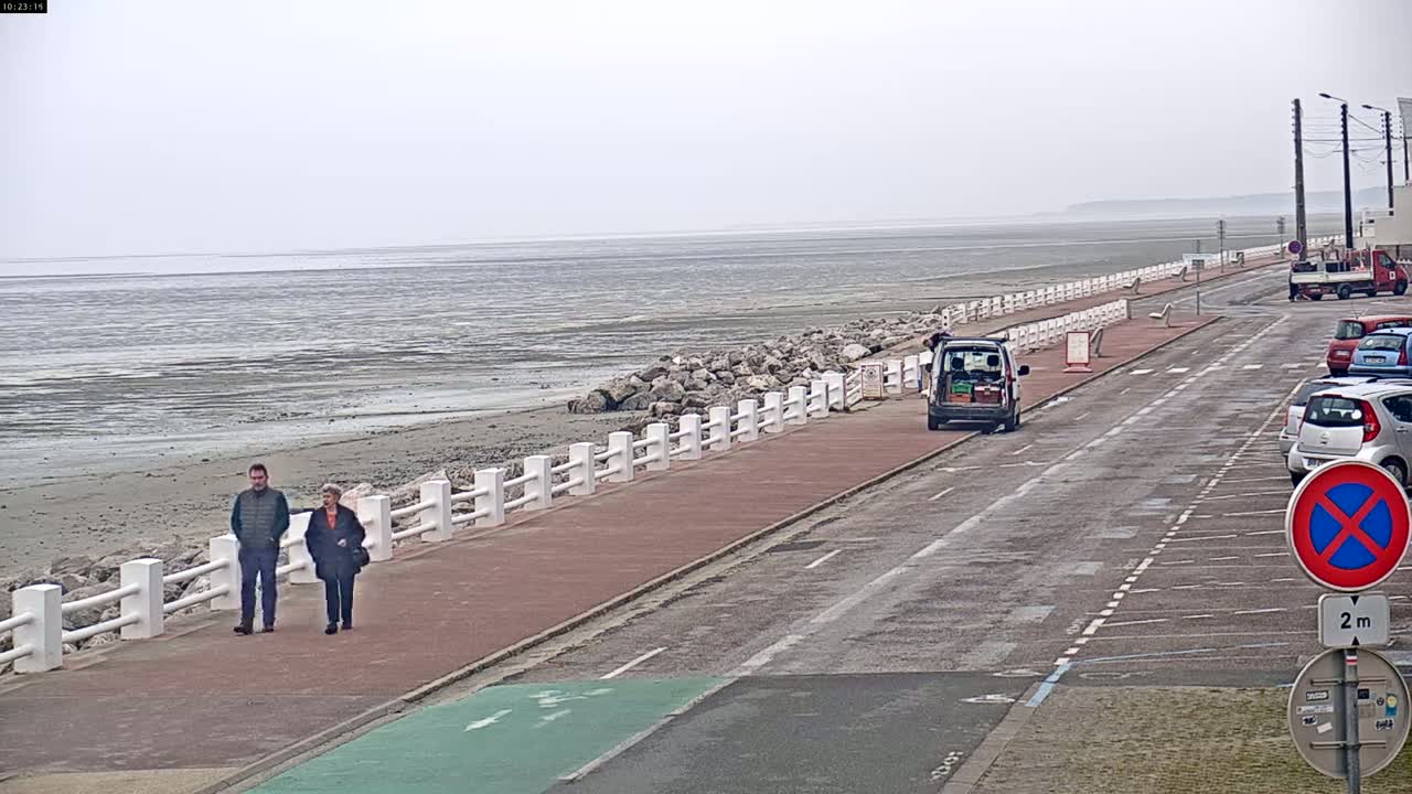 A couple walks along a paved path next to a beach with exposed mudflats under an overcast sky, where several cars are parked along a road next to the path.