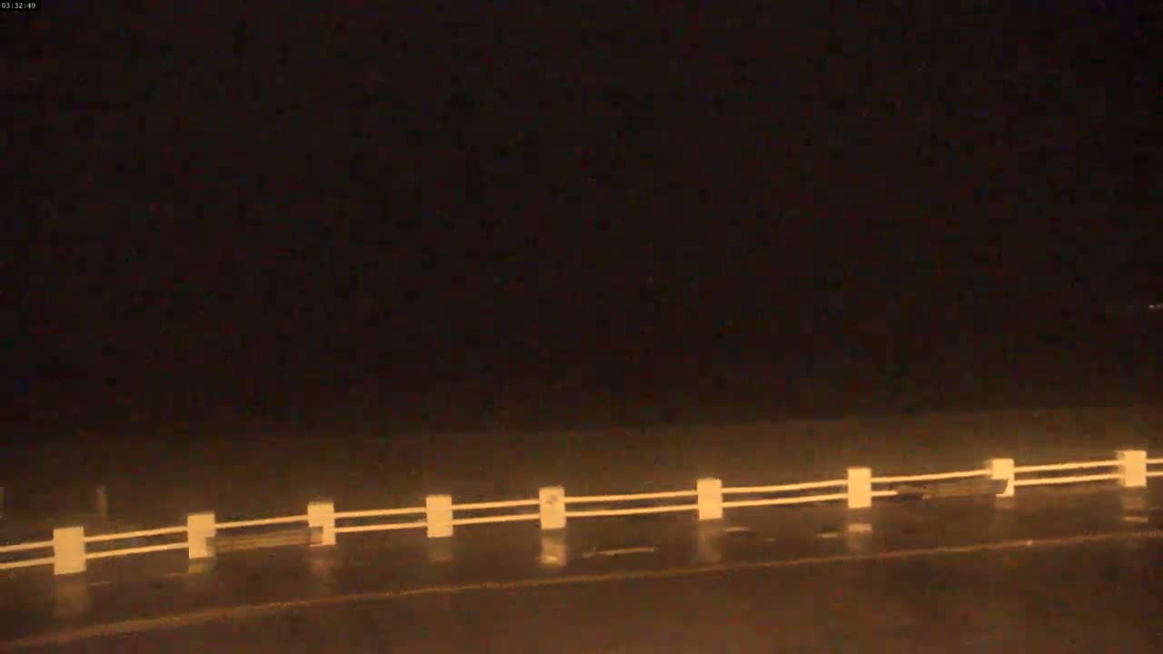 A wet road at night is seen with a low white guardrail running across the bottom of the image.