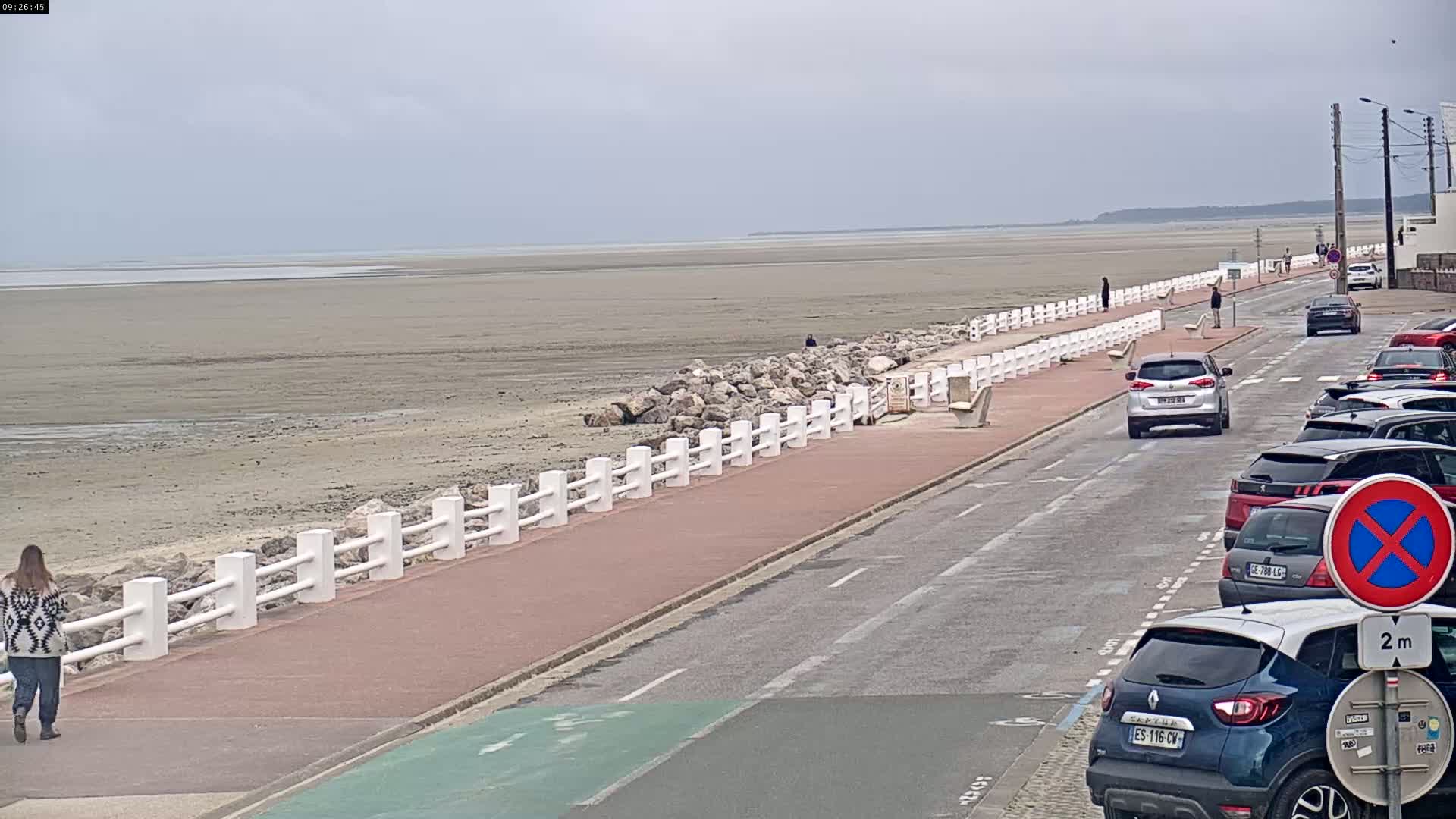 A flat, expansive beach with low tide is bordered by a paved road with parked cars and a white railing, under an overcast sky.