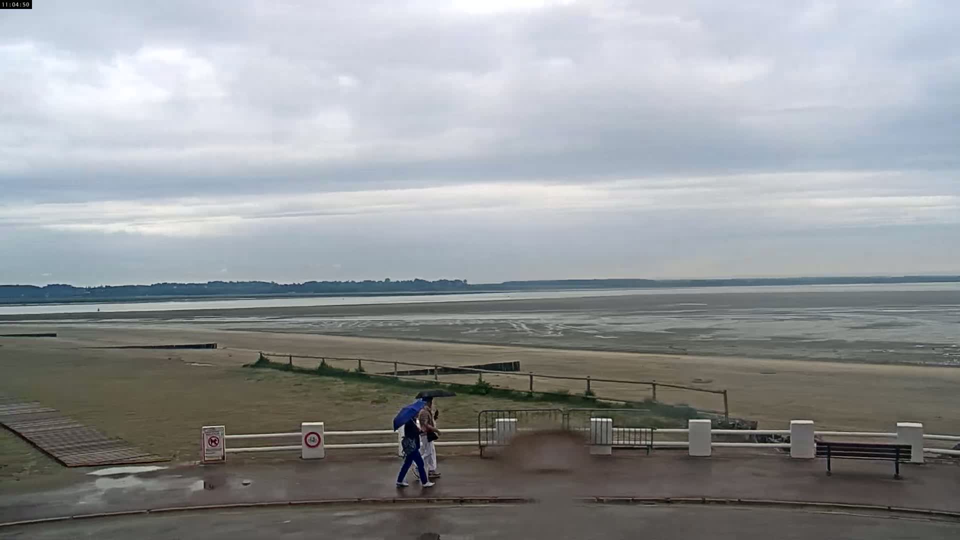 Two people walk under an umbrella on a wet paved area overlooking a wide expanse of sandy beach and calm, overcast water.