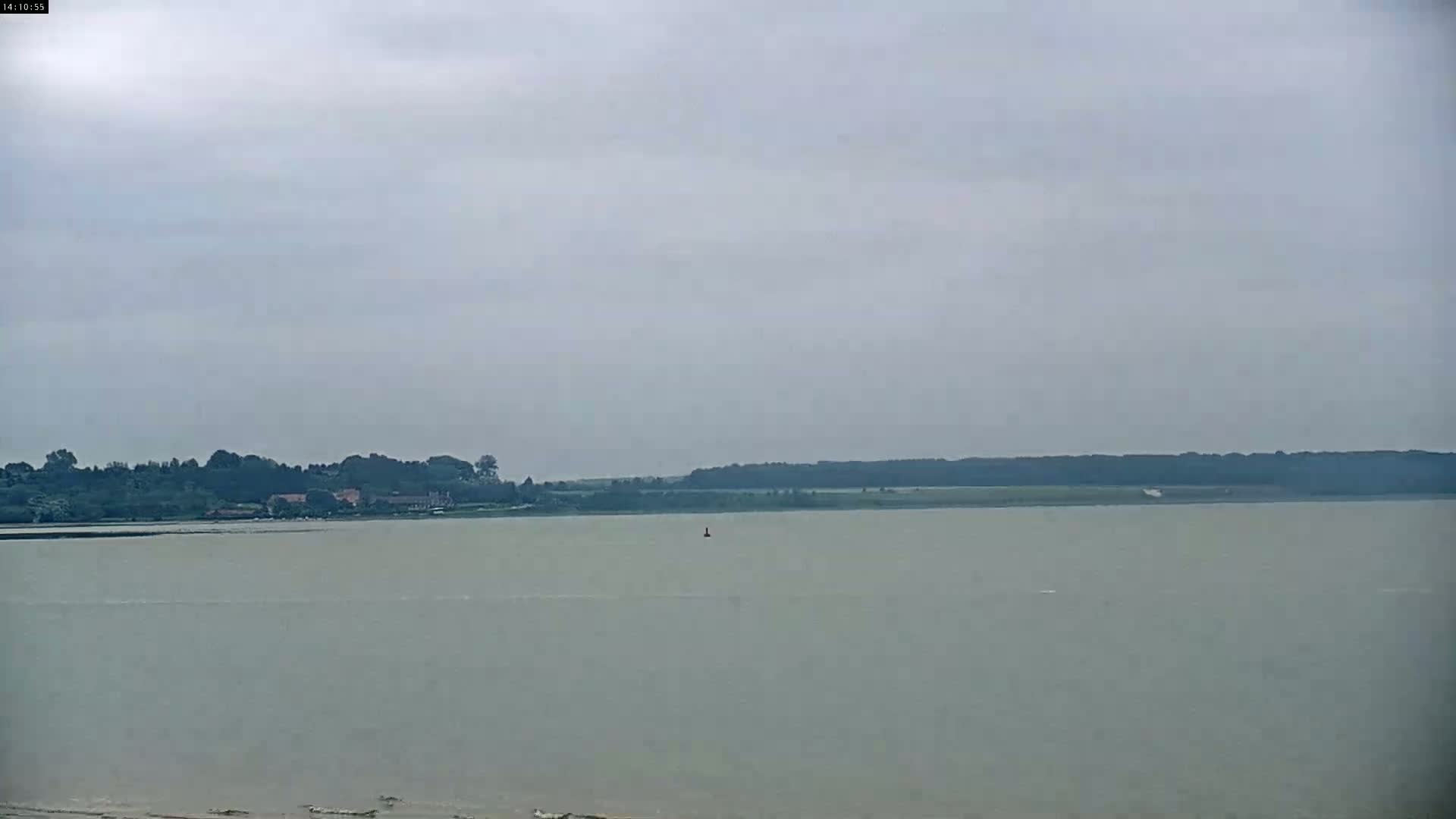 A wide, calm body of water stretches out to a tree-lined shore under an overcast sky.