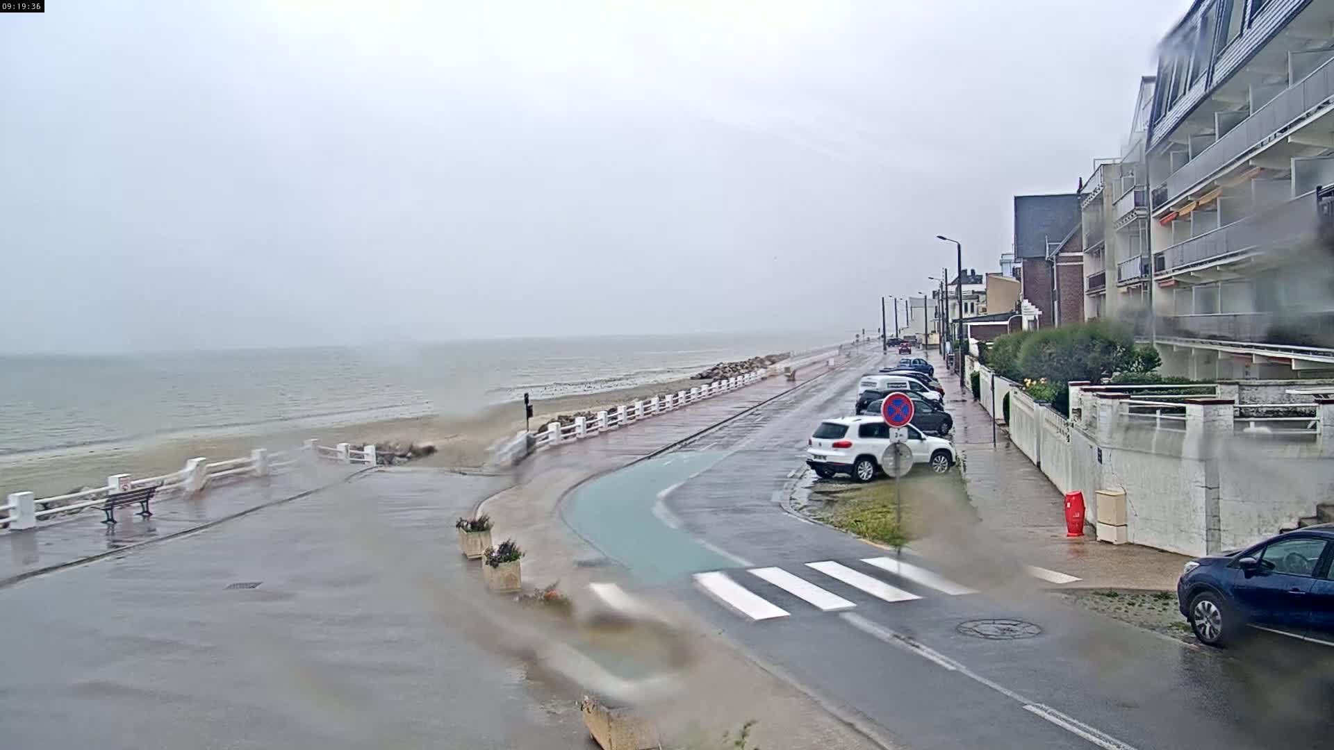A rain-slicked coastal road with parked cars runs alongside a beach and a row of buildings under an overcast sky.