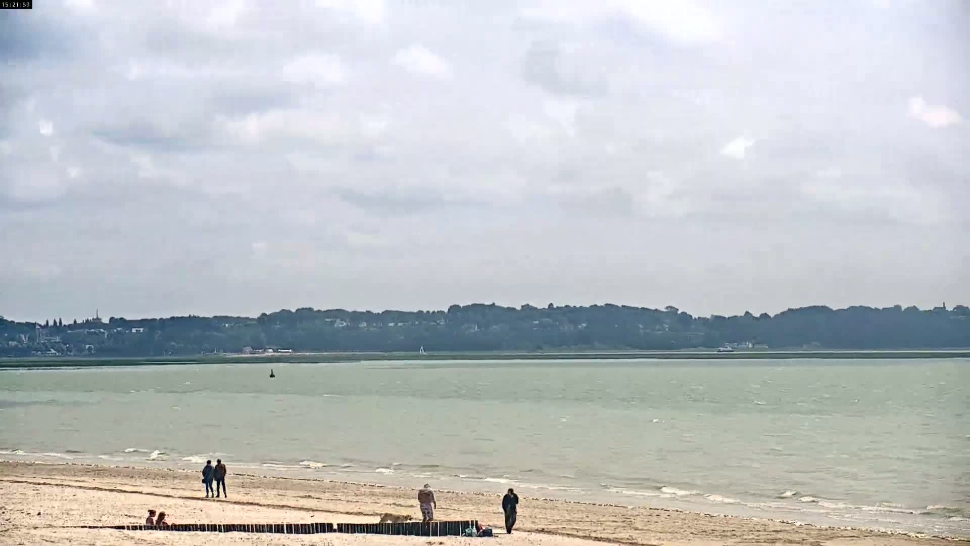 A sandy beach with a few people on it stretches to a calm, light-green body of water, beyond which is a distant shoreline of trees and buildings under a cloudy sky.