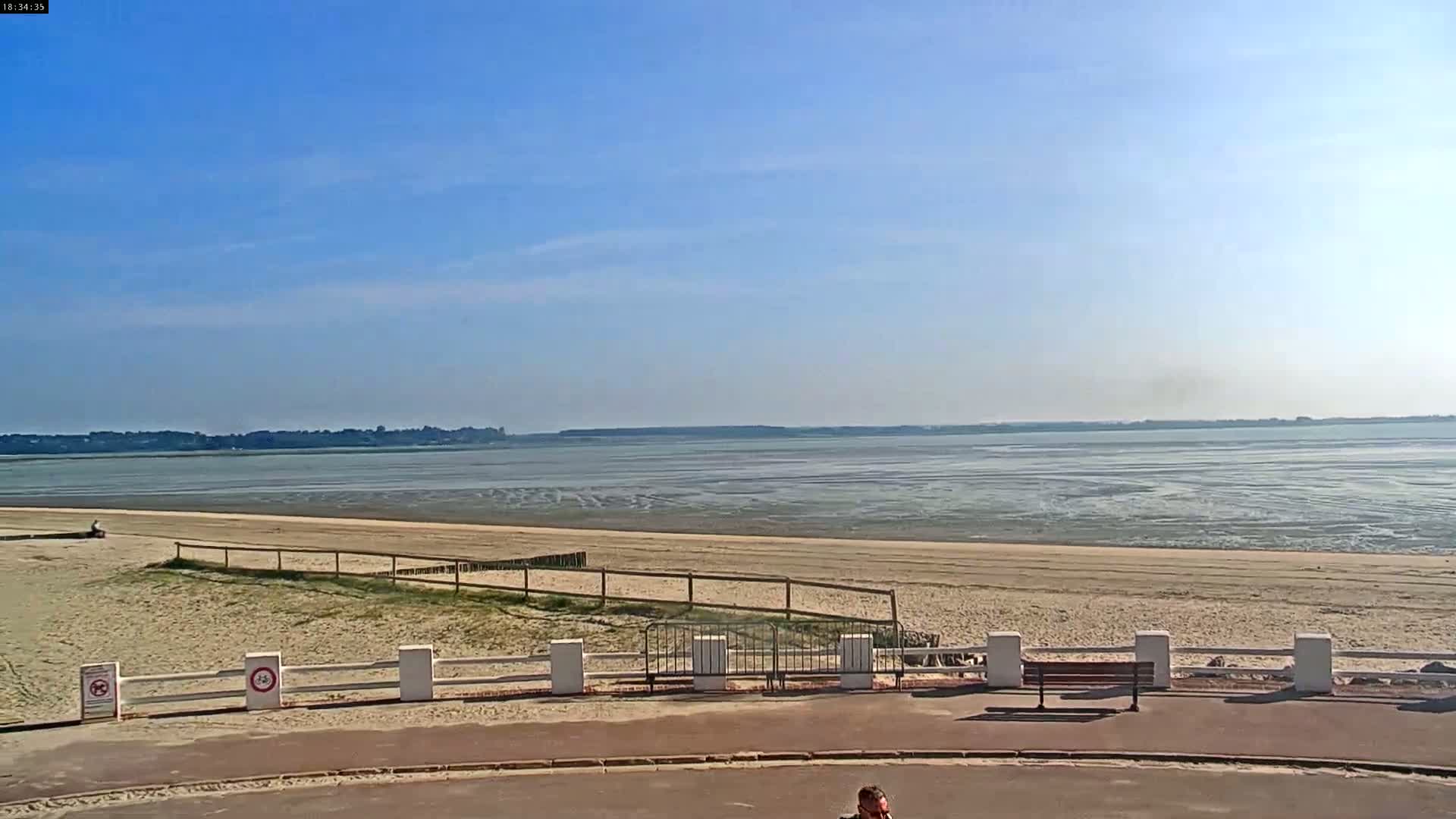 A sandy beach stretches out to a calm, wide body of water under a clear blue sky.