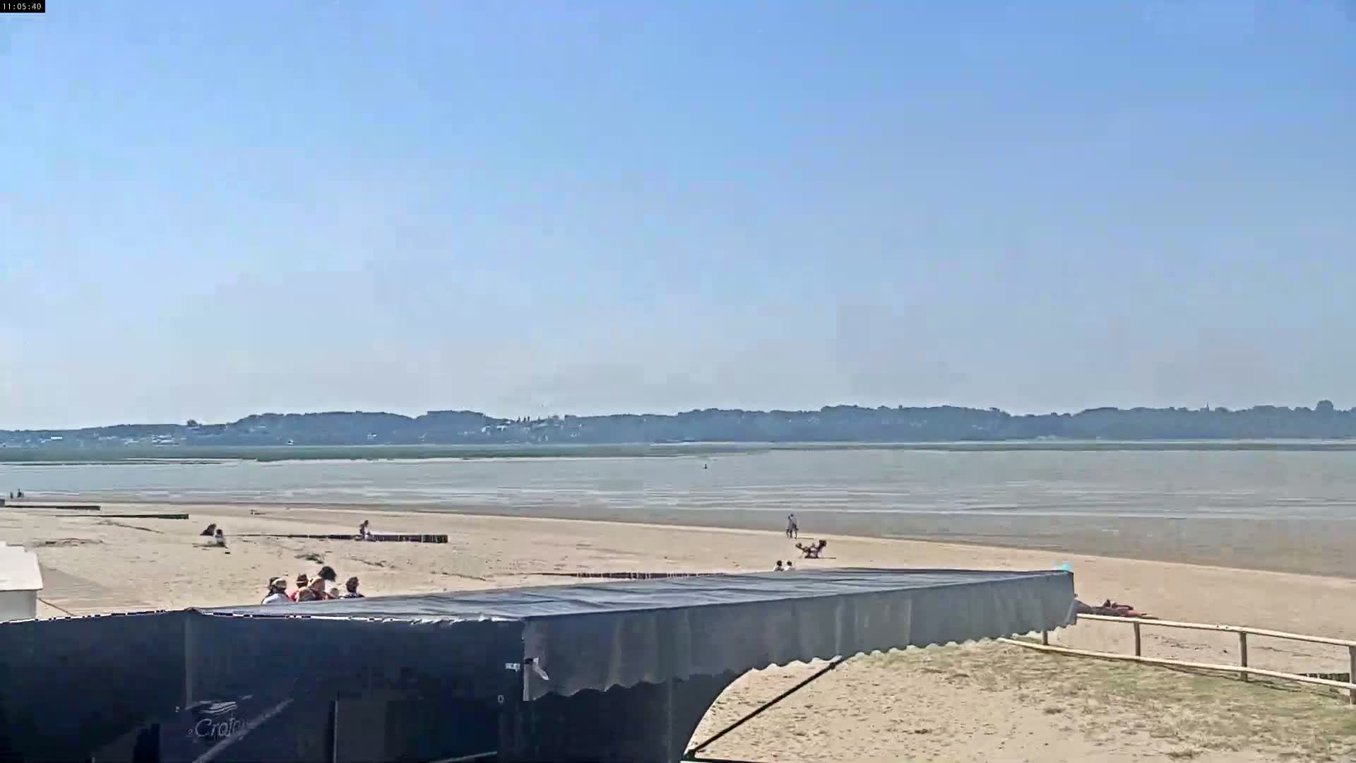 A sandy beach with a few people and a calm body of water stretches to a distant tree-lined shore under a clear blue sky.