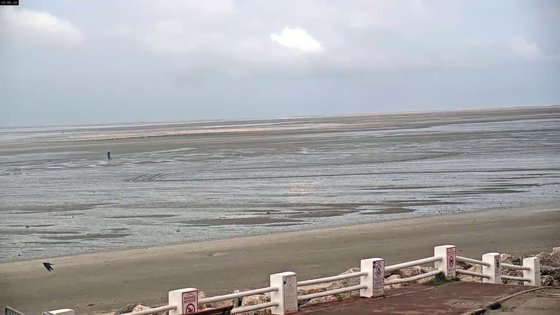 A wide expanse of muddy tidal flats stretches to a calm sea under a mostly cloudy sky, viewed from behind a low white railing on a sandy beach.