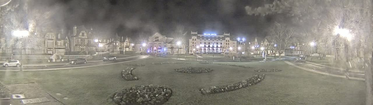 A nighttime scene shows a grassy area with landscaped flower beds in front of several buildings, including a large hotel, under a snowy, hazy sky.