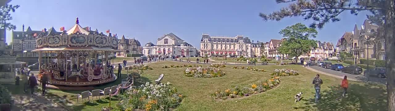 A carousel sits in a grassy town square surrounded by European-style buildings on a sunny day.
