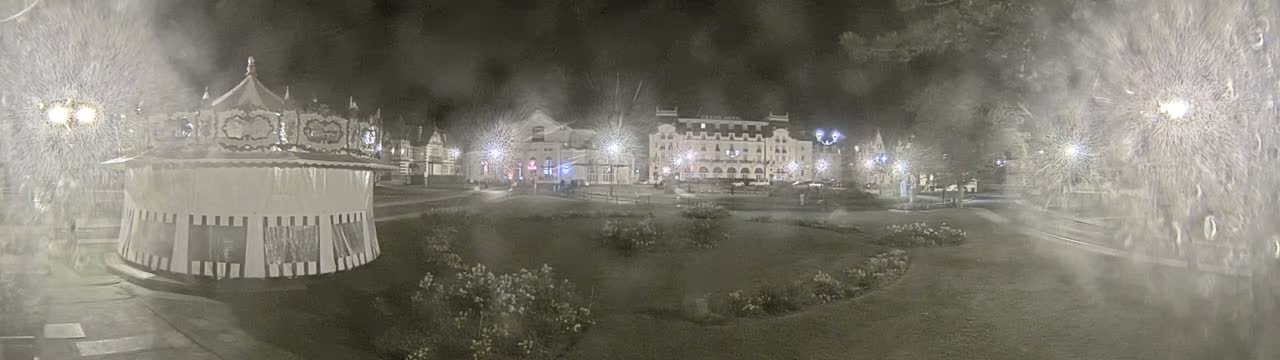 A carousel sits in a park at night next to a large hotel, under snowy conditions with lights illuminating the scene.