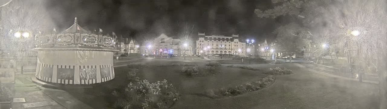 A carousel sits in a park at night, illuminated by streetlights, with buildings visible in the background under a snowy, hazy sky.