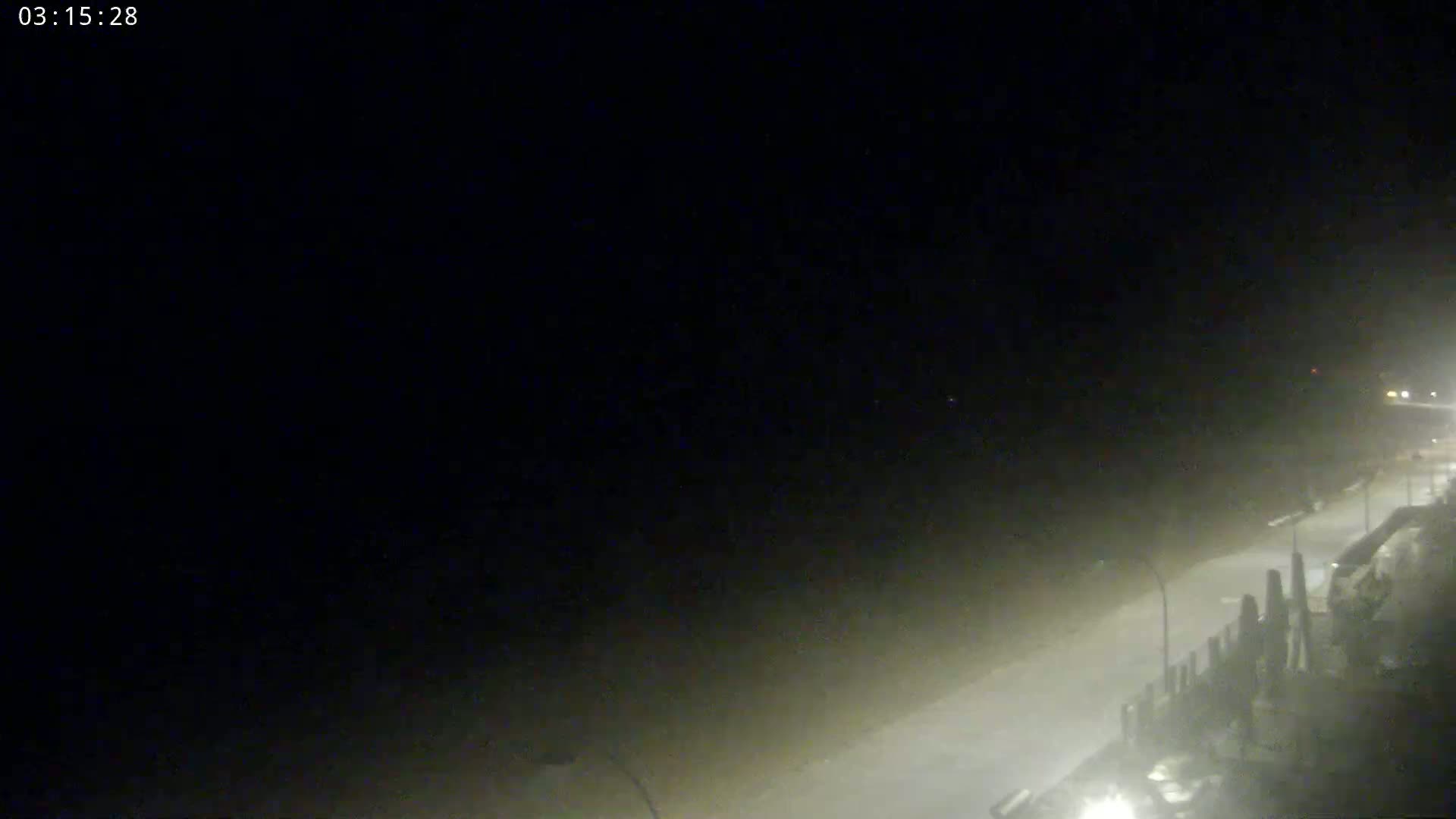 A nighttime, hazy view of a mostly empty road next to a line of dark objects, possibly trees or buildings, under a dark sky.