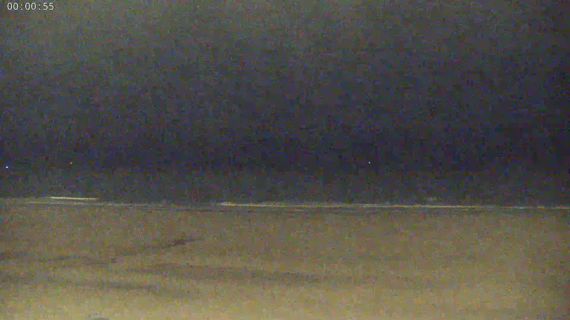 A dark, nighttime beach scene shows a mostly calm ocean under a cloudy sky.