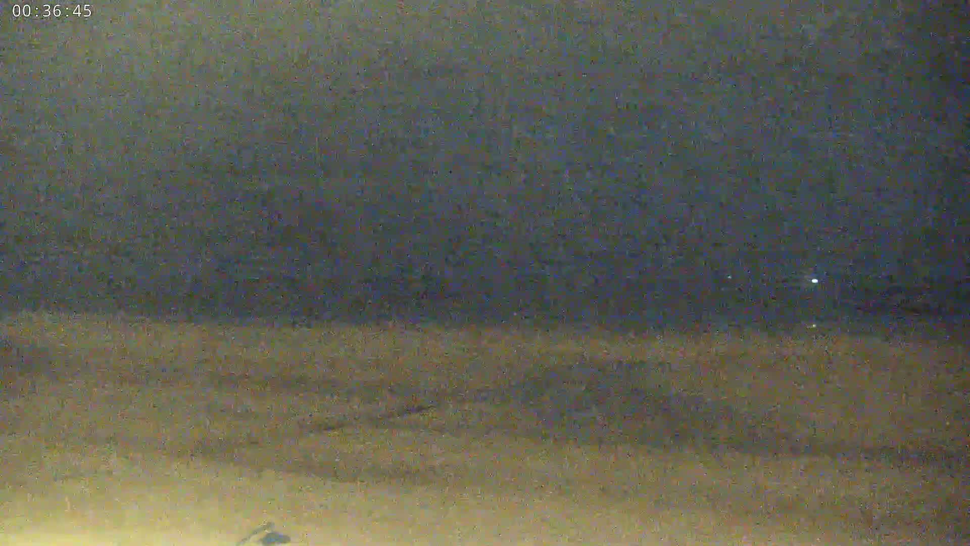 A dark, nighttime scene shows a flat, dimly lit expanse of land under a mostly clear, dark sky.