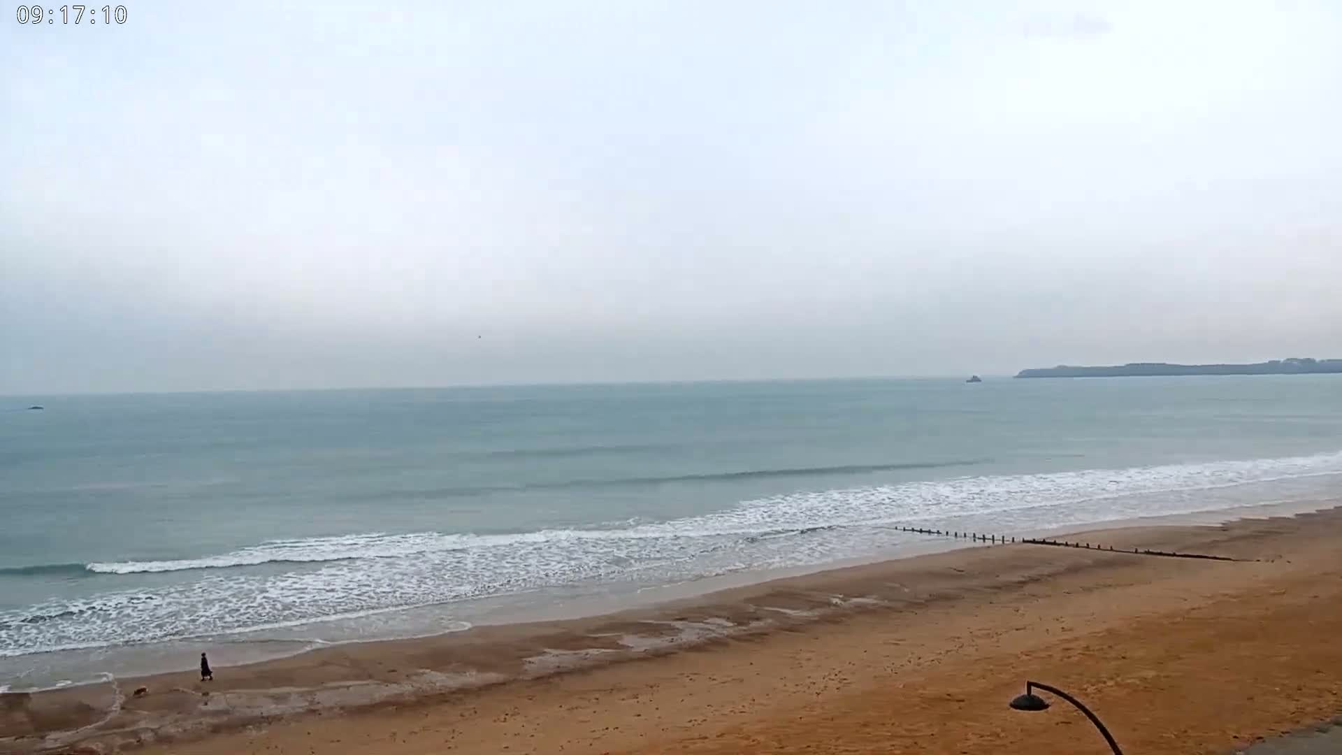 A person walks a dog on a sandy beach under an overcast sky, with gentle waves rolling in from a calm sea.